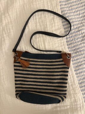 The Sak Navy and Cream Striped Crossbody with Brown Trim